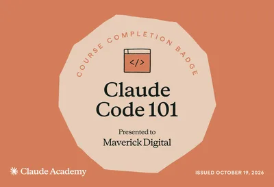 Claude Code 101 course completion badge, Claude Academy (Anthropic), issued 19 October 2026