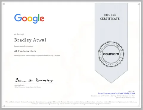AI Fundamentals course certificate, Google through Coursera, issued 20 October 2026