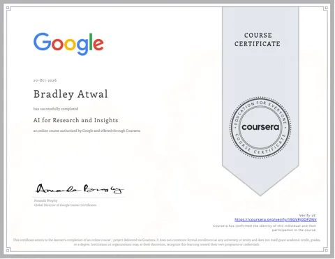 AI for Research and Insights course certificate, Google through Coursera, issued 20 October 2026